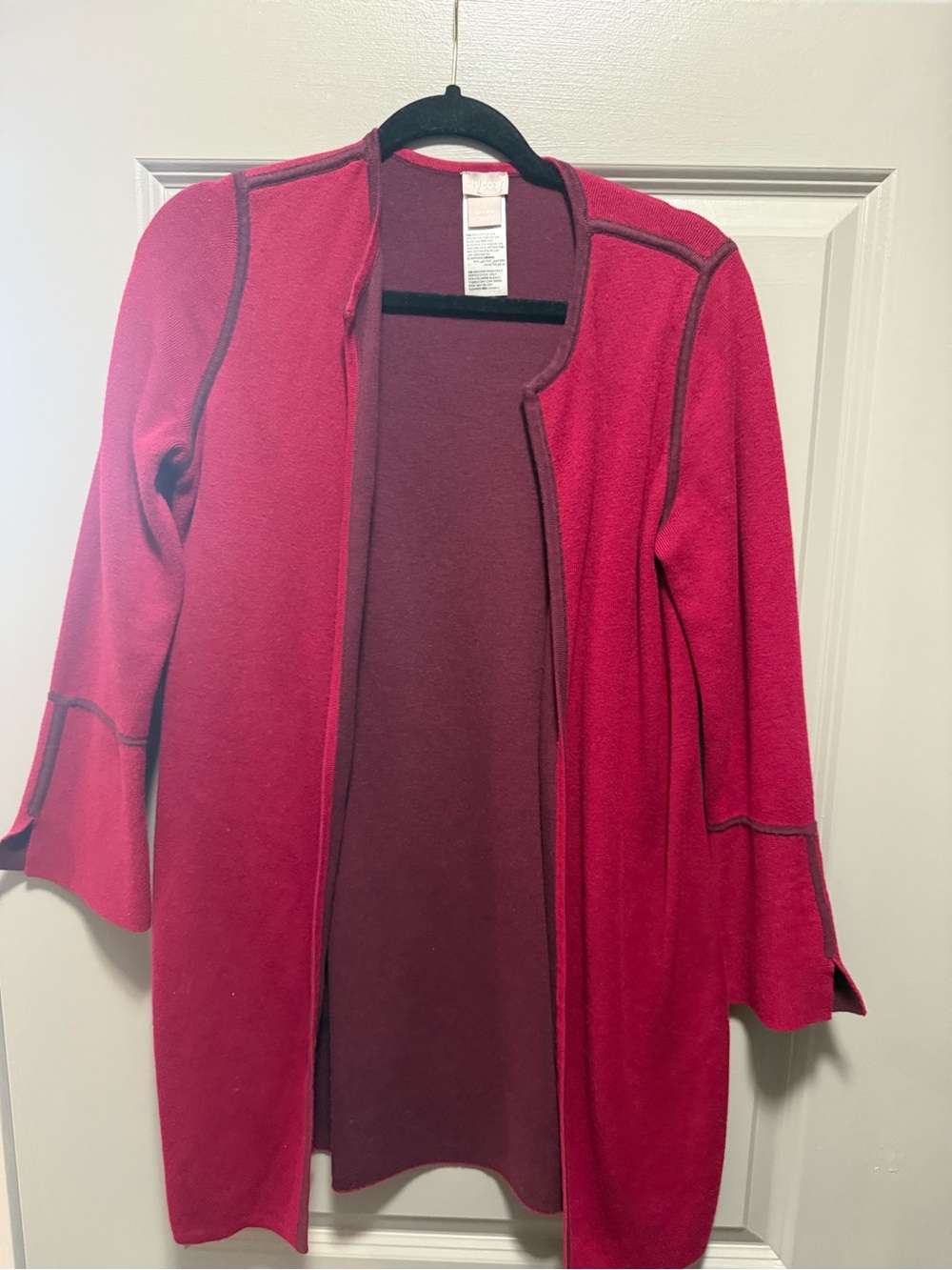 Chico’s Reversible Cardigan in Mulberry with contrast piping